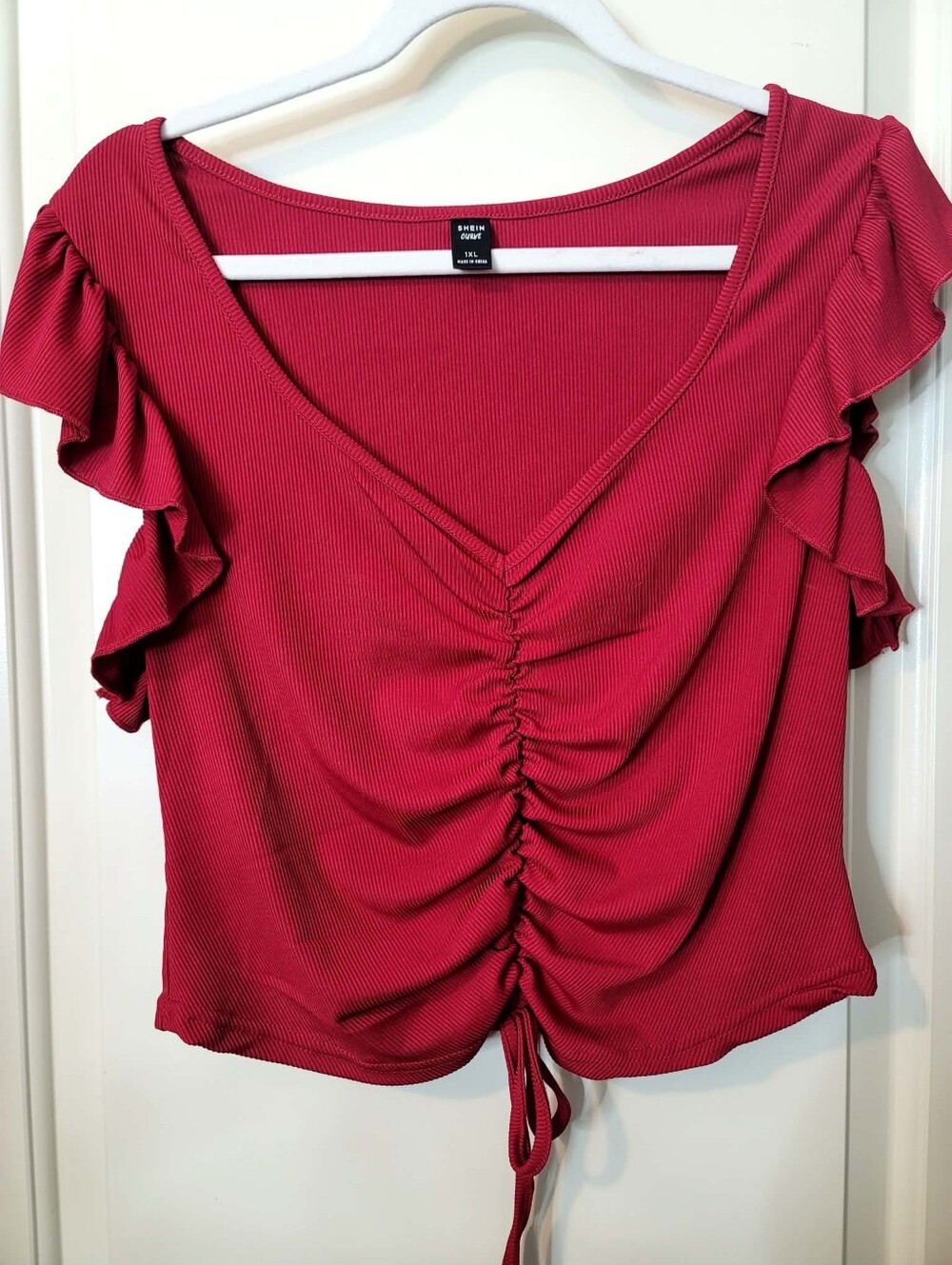 Ribbed Knit Womens Top With Ruffle Sleeves 1XL